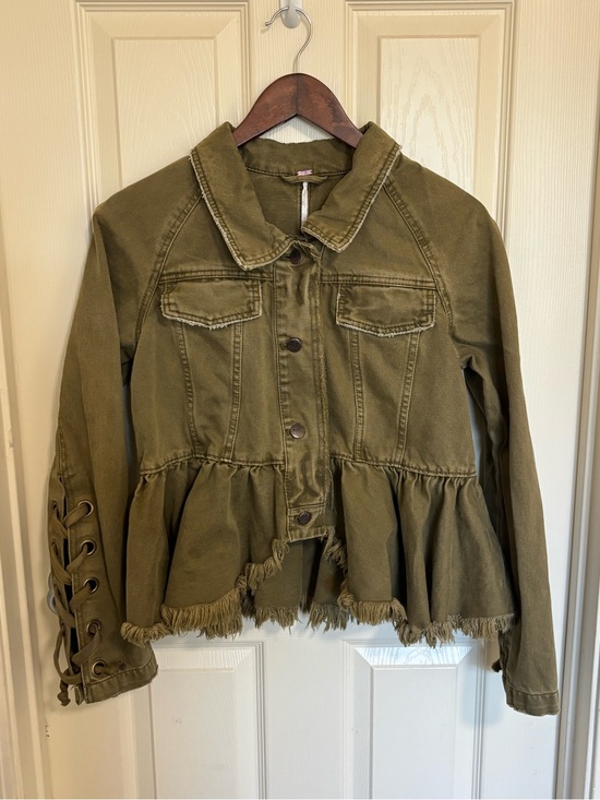 Free People Jackets & Blazers - Free People Olive Ruffle Hem Denim Jacket Lace‑Up Cuffs XS